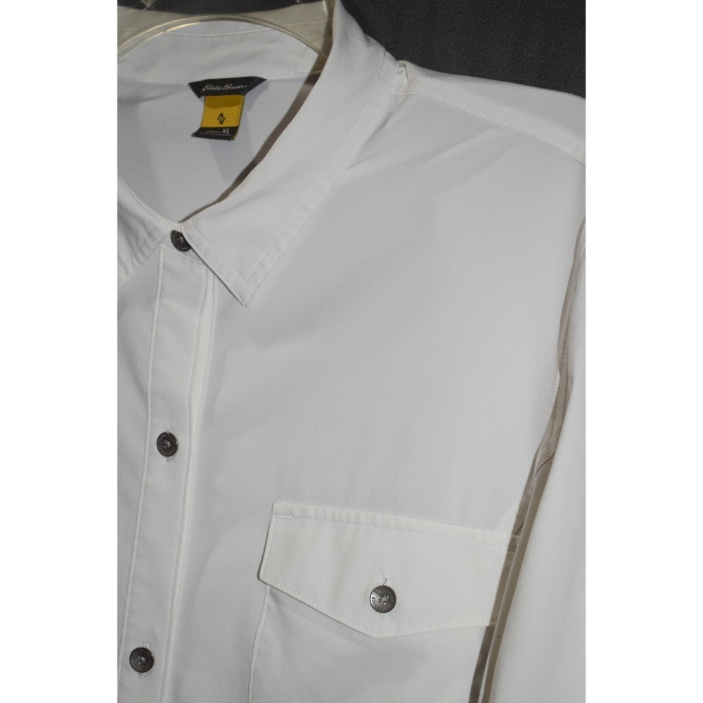 Eddie Bauer XL Women Departure Shirt Ivory Roll Tab Sleeve Button Up Stretch - Picture 8 of 16